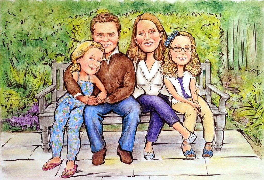 Caricature from photo of a family of 4