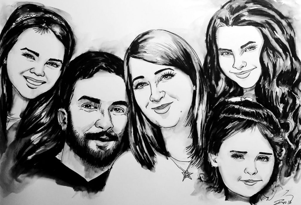 Caricature from photo of a family of 5